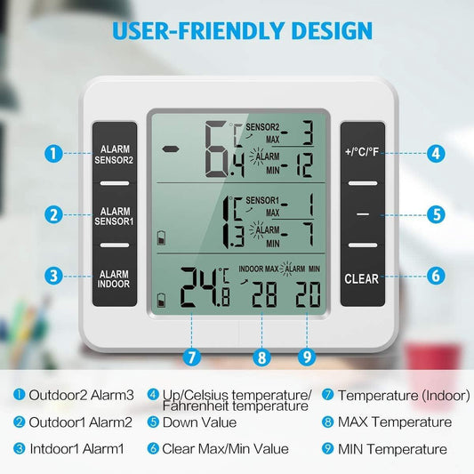 Thermometer - thermometers - indoor thermometer - freezer thermometer - freezer thermometer - digital hygrometer - with 2 sensors - for freezer with temperature alarm, MIN/MAX, temperature trend arrow display.