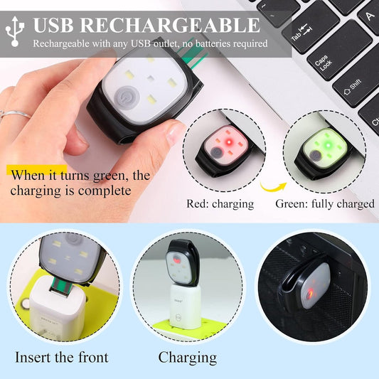 Clip-on outdoor running light, LED flashlight, USB rechargeable, reflective plastic safety light, accessory for running/training/racing..