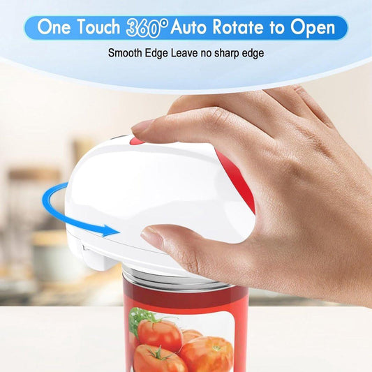 Automatic electric can opener with touch control for all can sizes (red).