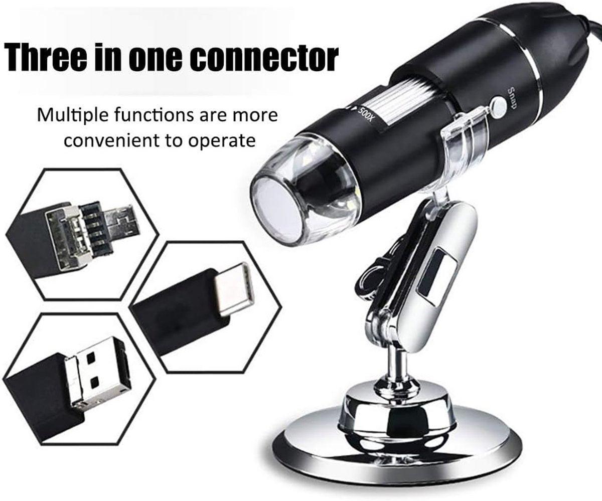 Microscope - Children's Microscope - USB Type-C Digital Microscope - 3 in 1, 50X-1600X Magnification - Adapter and Endoscope with Stand - Black.