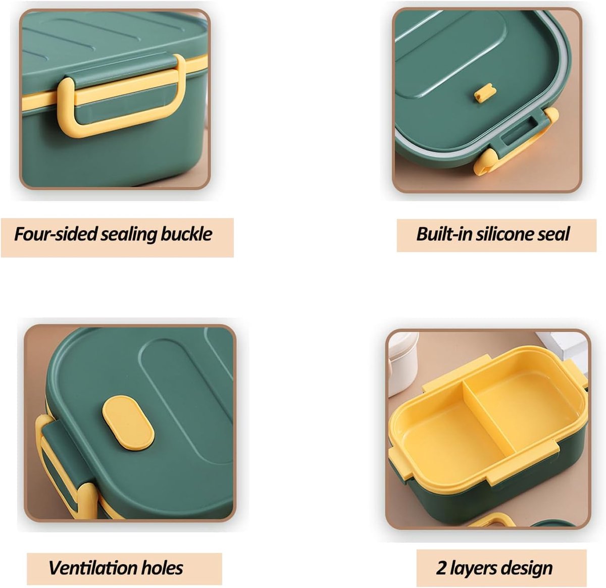 Adult lunch box with compartments, 1000 ml, leakproof, for men and women, double layer, ideal for the office, picnics (green)