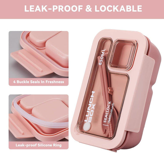 Bento Box - Bento Set with Cutlery - Lunch Bag - Lunch Box - Leakproof Food Container with Compartments - Lunch Box for Kids, School, Office, Picnic - Pink.