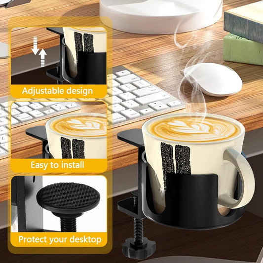 Adjustable and portable tabletop cup holder with clip - universal holder for bottles, coffee cups and water cups - 95 cm diameter, max. capacity 5 kg