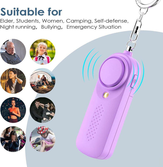 Personal Alarm - 130 dB - Security Siren - Self-Defense Siren - With LED Light-Up Keyring - For Children, Women, Students and Seniors (Purple).