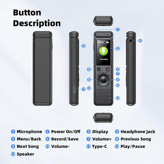 Voice Recorder - Dictaphone - Rechargeable - Portable - Clear Sound - Meetings, Interviews - 64 GB - Black.