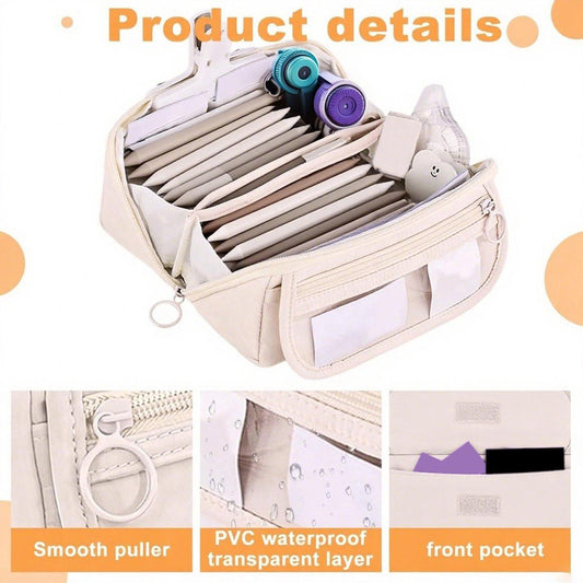 Pencil case - Pencil case for boys and girls - 20x8.5x8.5 cm - Canvas - Linen - Large capacity - School pencil case - Beige.