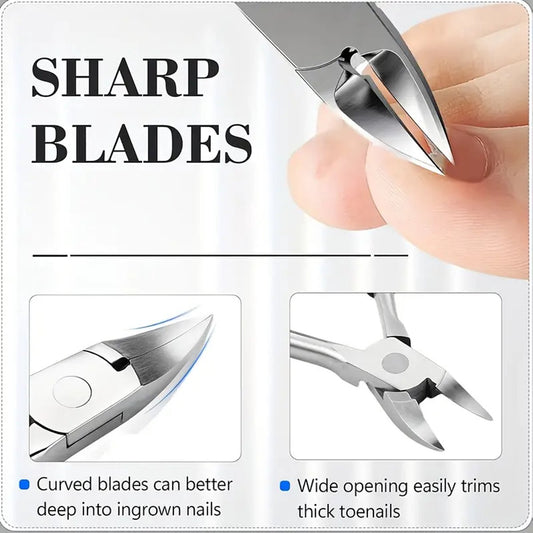 Nail clippers - Stainless steel pedicure tool - Heavy-duty nail clipper set - Includes a nail file, cuticle nipper, and pedicure tool - Classic black handles - Set of 5 - For ingrown and thick nails