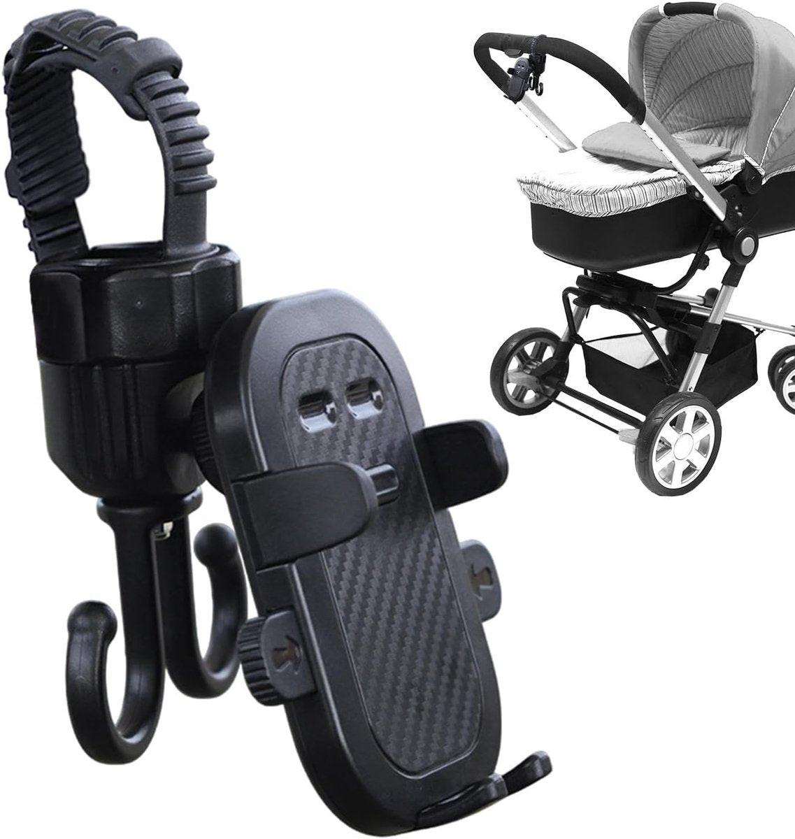 Phone holder for bicycle, stroller, portable stroller hanger, 2-in-1 shopping trolley hook, shopping bag holder, sturdy and adjustable, compatible with most strollers and bicycles.