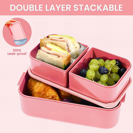 Children's bento box with compartments, 1300 ml, 2-in-1 3-compartment bento box, leakproof, for adults, for breakfast, BPA-free, pink.