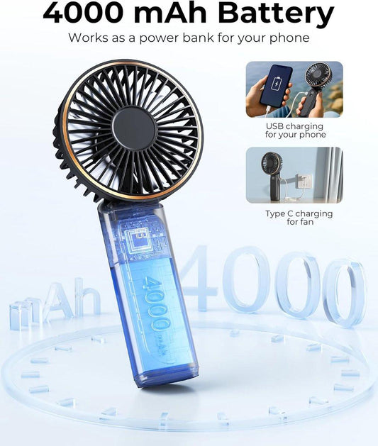 Handheld Fan - Mini Portable Fan - Rechargeable - Power Bank - 6 Settings - Black.