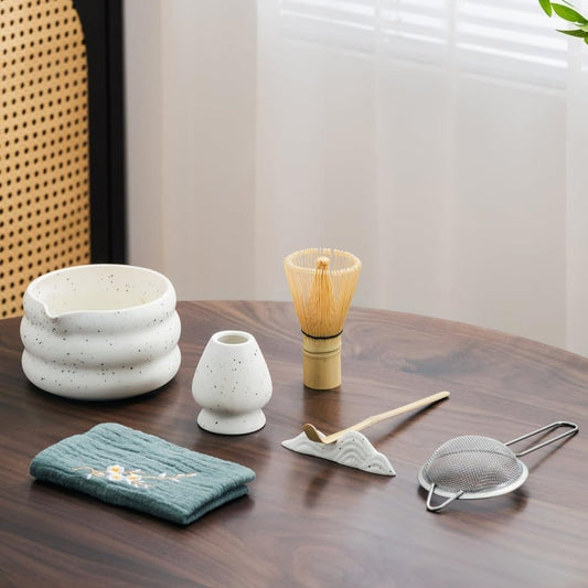 7-Piece Ceramic Matcha Tea Set with Bowl Whisk and Accessories, White