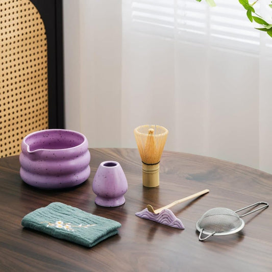 7-Piece Ceramic Matcha Tea Set with Bowl Whisk and Accessories, Purple