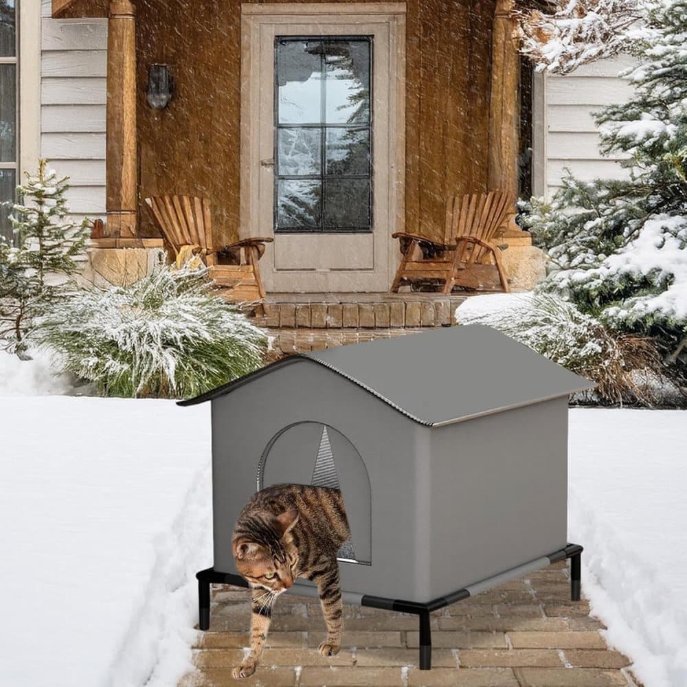 1 Pack Waterproof Insulated Outdoor Cat House for Homeless Cats and Small Animals, 33 x 33 x 33cm, Gray