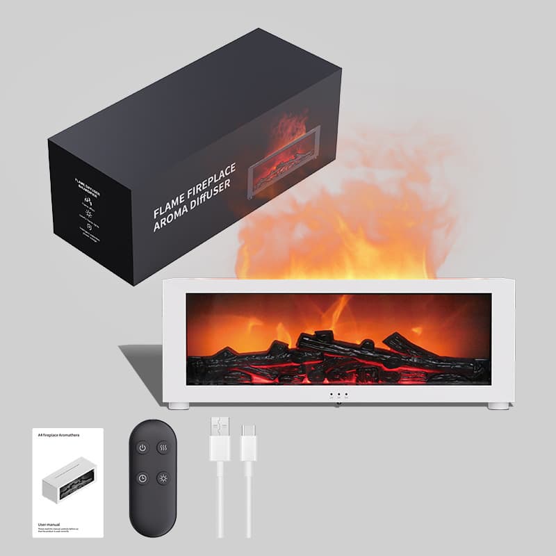 150ml White Humidifier with Fireplace Flames, 7-Color LED, Aromatherapy Diffuser, Remote Control, 3-Level Timer, Quiet Operation