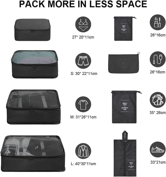 8-Piece Water Resistant Lightweight Travel Organizer for Bags, Black