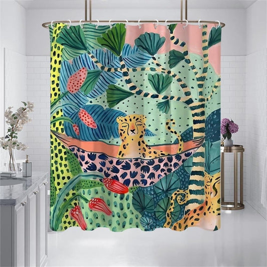 1 Waterproof Jungle Leopard Shower Curtain with 12 Hooks, Bohemian Bathroom Decor, 180x180cm