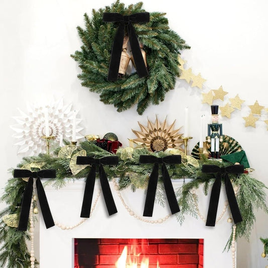 12 Christmas Bows Velvet Tree Decorations in Black, 6 inches