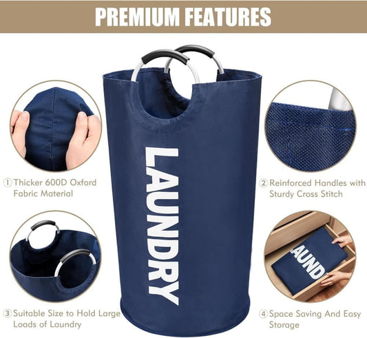 90L Foldable Laundry Basket with Handles, Waterproof, Dark Blue, 38x38x79 cm