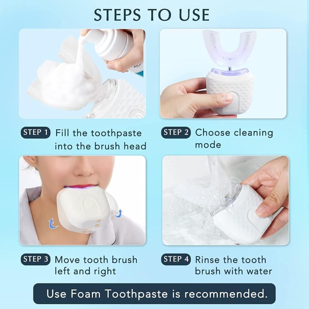 360° U-Shaped Electric Toothbrush with 3 Cleaning Modes, IPX7 Waterproof, Automatic Ultrasonic Tooth Cleaner, Compatible with Oral-B, Pink.