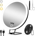 10X LED Makeup Mirror with Lighting, 360° Rotatable Dimmable 3 Light Modes Magnification Suction Cup, Black.