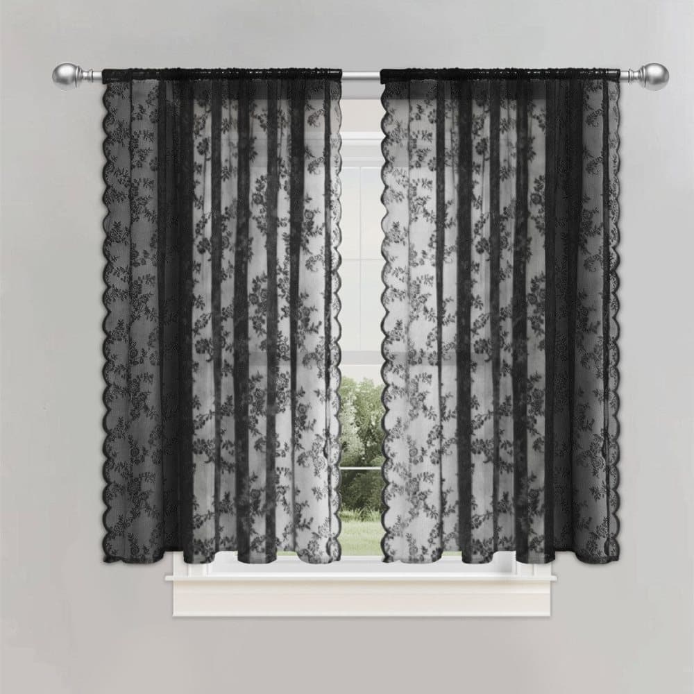 1 Pair Black Lace Curtain Semi-sheer Vintage Floral Pattern for Bedroom and Living Room, 100cm x 100cm