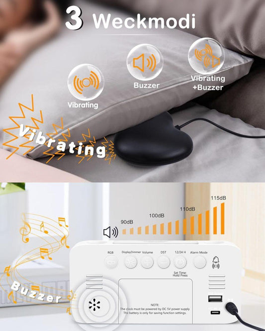 15-color display vibrating alarm clock with rainbow heart suspension, 7-color night light, USB charger, power failure memory, white