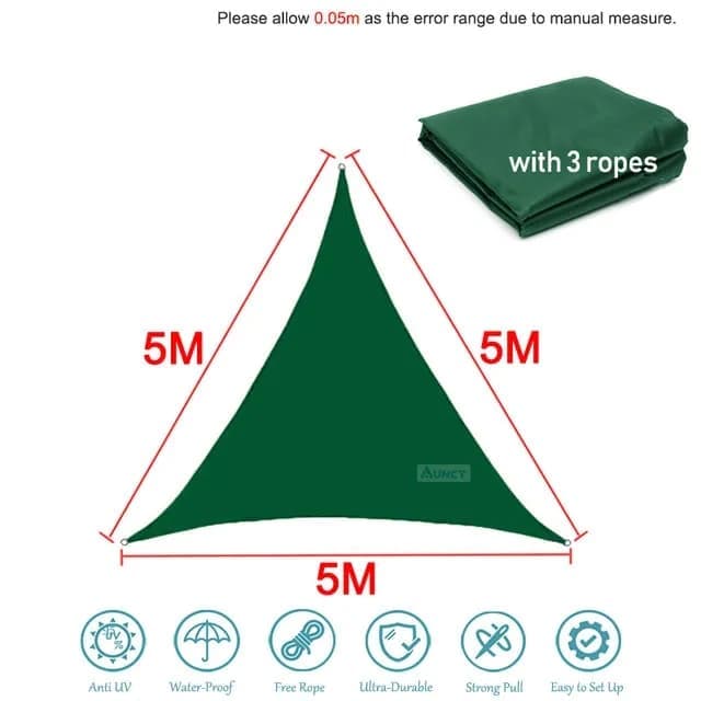 5x5x5m Waterproof Outdoor Sun Sail UV-Protective Triangle Shade Net for Camping Garden Terrace and Pool, Dark green