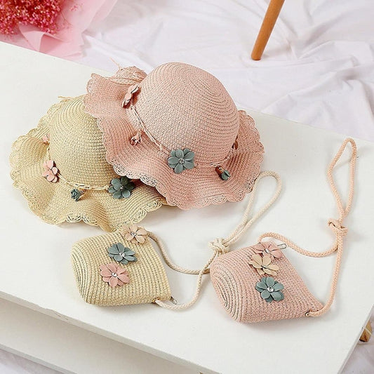 Girls Straw Hat and Shoulder Bag Set for Summer Beach Travel Outdoor Play, White