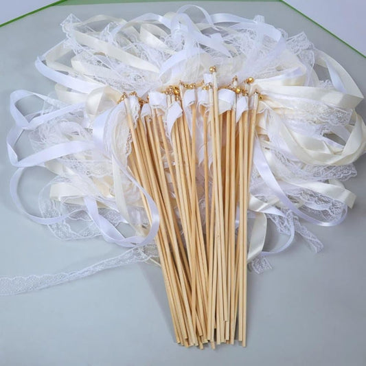 30 Pack Satin & Lace Ribbon Wands with Bells for Wedding & Party Decor, 30cm Beige