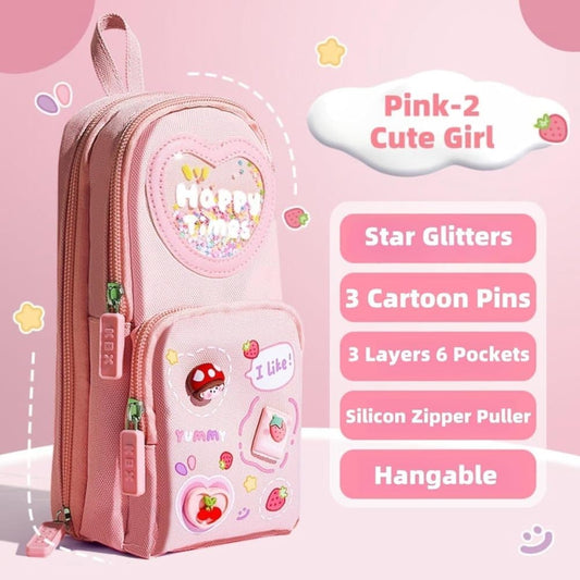 Pencil case with 3 compartments large capacity, cute design, pink, 1 piece