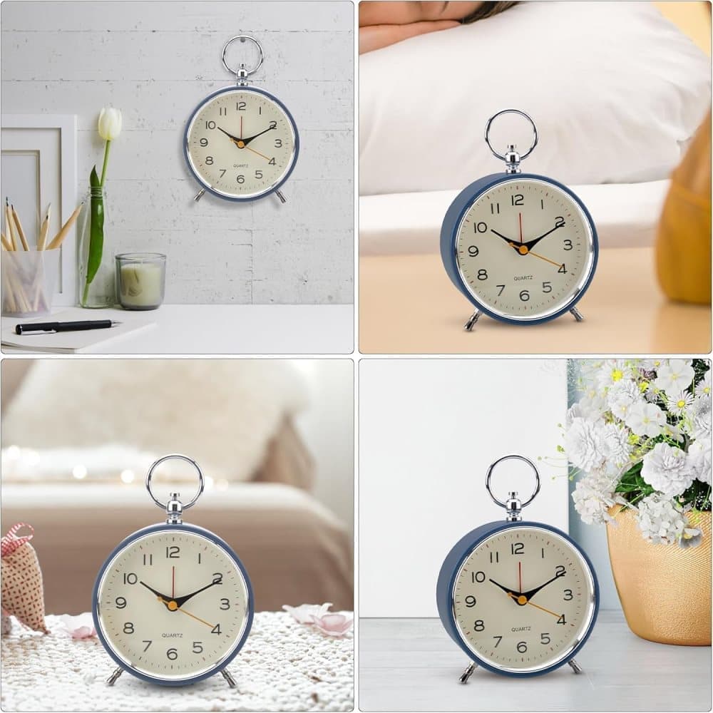 Silent Analog Alarm Clock with Snooze Button, Retro Design and Lighting, 16x11 cm, Blue
