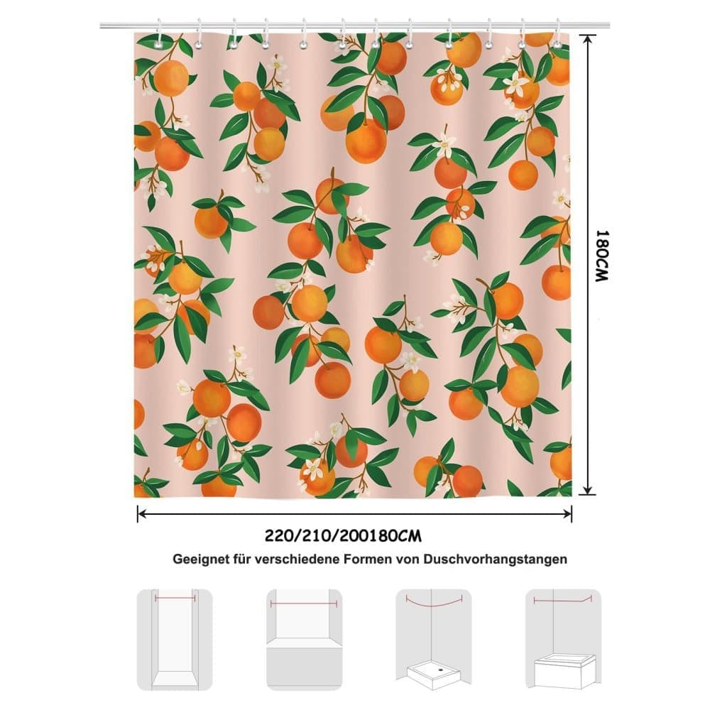 3D Fruit Shower Curtain Waterproof Mold Resistant with 12 Hooks, 70x72 inches, Orange