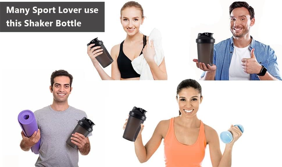 Protein Shaker 400 ml, Leak-proof Water Bottle with Stainless Steel Strainer and Measuring Scale, Purple