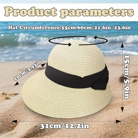 UV-protective Straw Beach Hat Wide Brim Foldable Breathable for Summer Outdoor, Beige