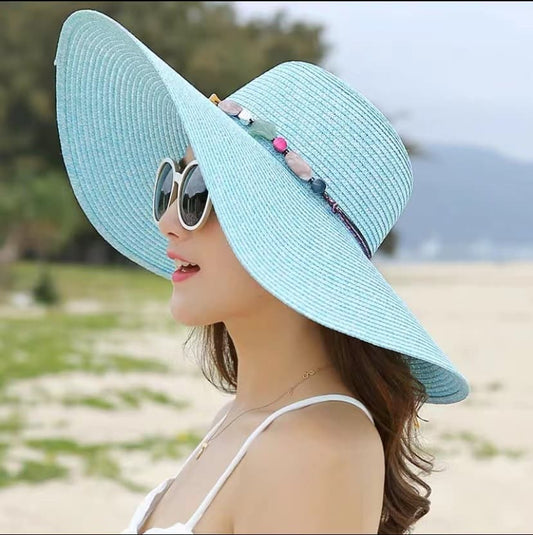 Women's Wide Brim Straw Hat UPF50+ Sun Protection Foldable Beach Hat, Light Blue