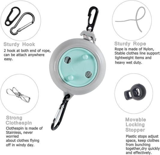 10m Portable Retractable Clothesline, Blue, for Indoors and Outdoors, Travel, Camping, Hotels, Gardens