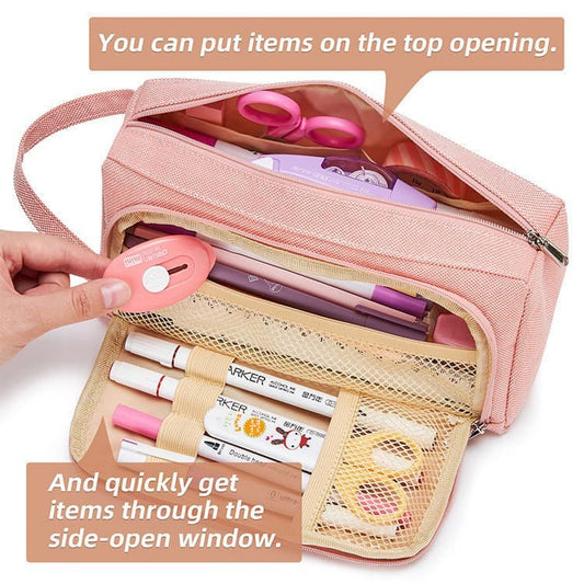 Large Capacity Pencil Case 4 Compartments, Pink/Green/Black, for School Travel Students