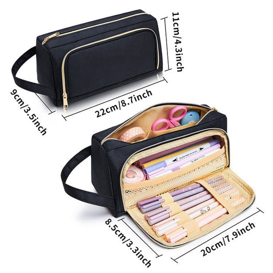 Large Capacity Pencil Case 4 Compartments, Black, Pink, Green, for School Travel, with 4 Compartments