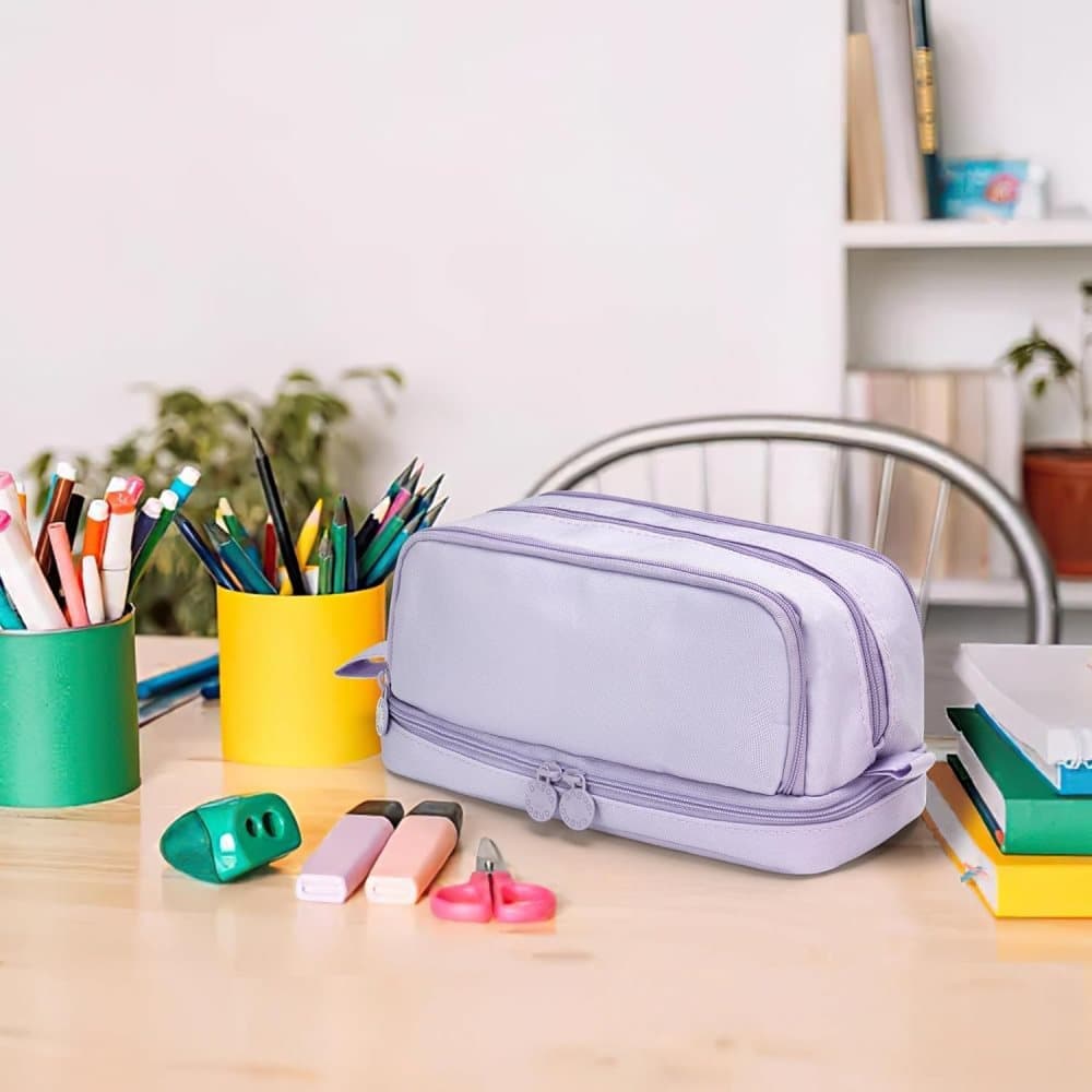 Large Pencil Case with 4 Compartments, Portable Multifunctional Pencil Bag with Handle, Purple