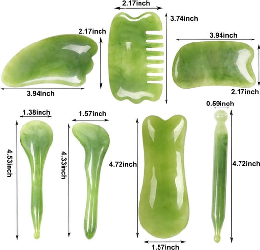 7-piece Gua Sha Set, Resin Facial and Body Massage Tool for Face Legs Back, Green.
