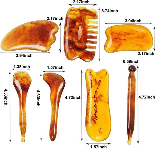 7-piece Gua Sha Set, Resin Facial and Body Massage Tool for Face Legs Back, Gold.