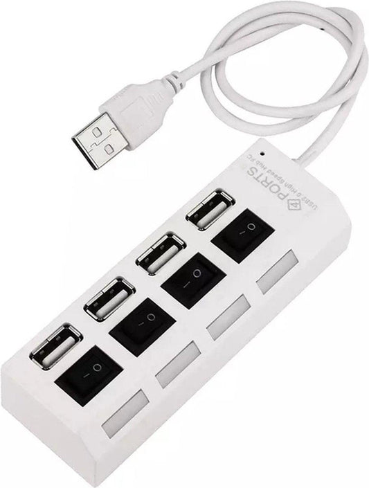 HI Speed 4-Port USB 2.0 Hub I Hub Splitter I On/Off Switch I LED I Up to 480 MB/s I White.