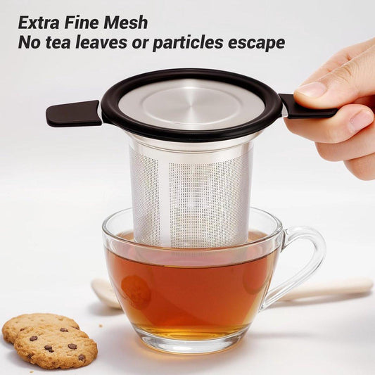 Stainless steel tea infuser - Fine strainer - Heat-resistant handle - For loose tea in teapots and mugs.