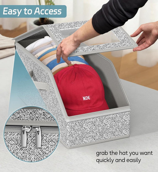 2-Pack Storage Boxes for Caps - Storage Solution for Up to 24 Baseball Caps - Stackable 2-in-1 Hat Box