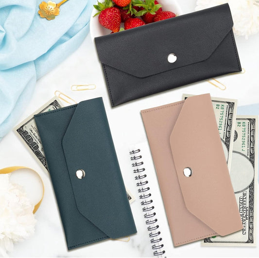 PU leather money envelope bag - 3 reusable budget envelopes for spring festivals, weddings, birthdays, graduations, and holidays (black, pink, dark blue)