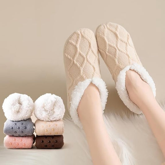 Women's Thermal Socks - Fleece Lined - Non-slip Bottom - Elastic Cuff - Bedroom & Living Room (Pink + Grey)