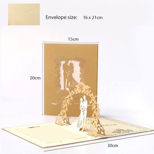 3D Pop-Up Wedding Card - Comes with a high-quality envelope - Suitable for wedding anniversaries, wedding gifts, birthdays, and wedding invitations (Gold)