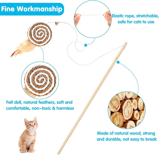 2 interactive cat tease sticks - cat stick toy set - cute paper balls and paper circles - attract your cat's attention