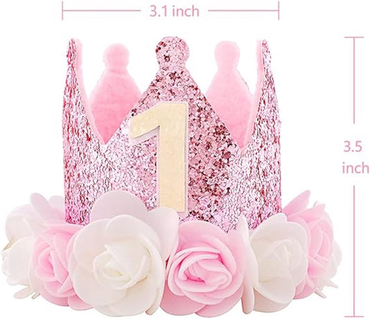 Birthday Hat - Perfect for a girl's first birthday - Rose Gold Party Crown - 3-inch Floral Princess Pink