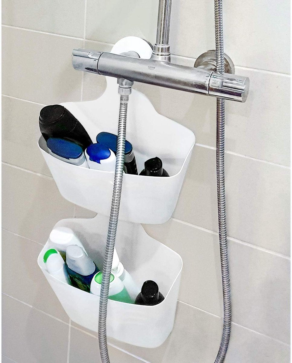 Hanging Shower Baskets Set of 2 - Hangable Shower Rod Basket Rack with Hook - Hanging Bathroom / Shower Basket Bathroom Basket Shampoo Holder with Hanging Hook - Hang Shower Basket Without Drilling and Screwing - White